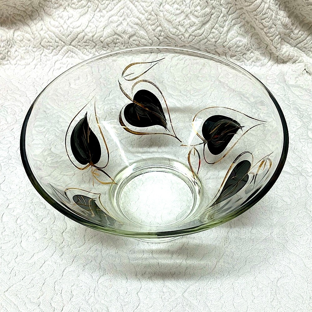 Vintage Anchor Hocking large glass chip bowl, hand painted black & gold leaf